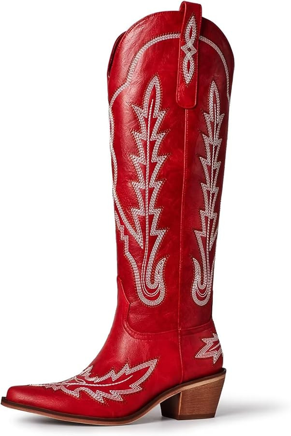 Fashion Embroidered Western Cowboy Boots for Women Ankle High Western Mid Calf Chunky Heel Pointe... | Amazon (US)