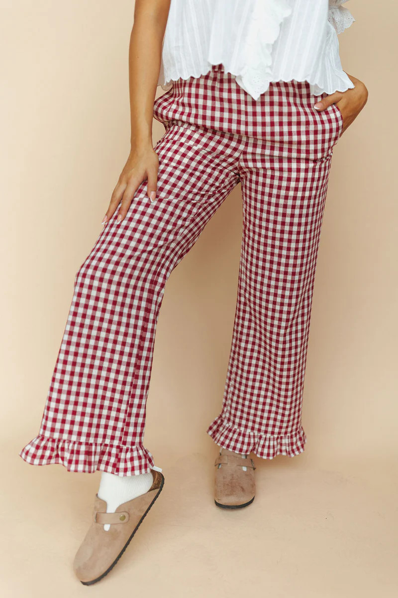 Marci Ruffle Gingham Pants in Red | Henly