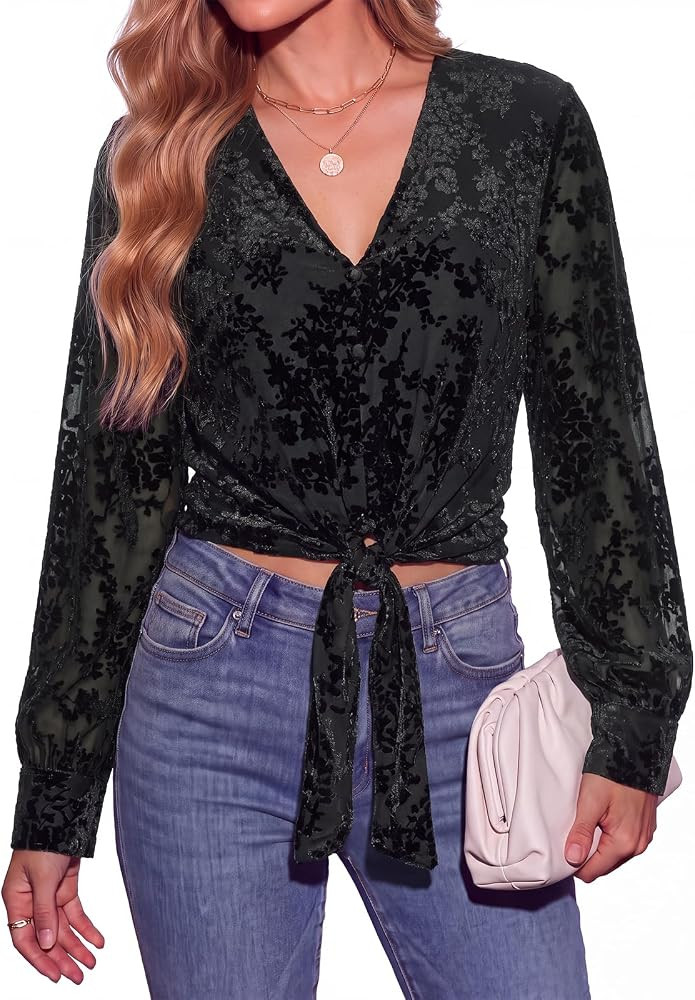 PRETTYGARDEN Women Double Lined Long Sleeve Shirts Tie Knot Front Crop Tops | Amazon (US)