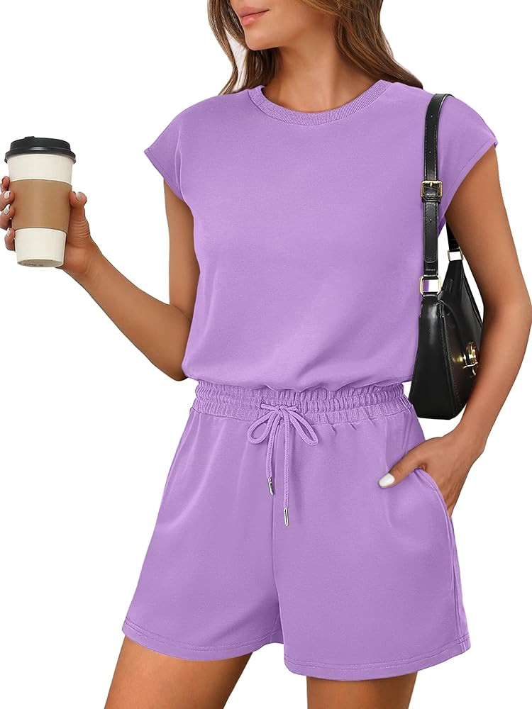 ANRABESS Rompers for Women Summer 2025 Casual Cap Sleeve Crewneck Drawstring One Piece Jumpsuit O... | Amazon (US)