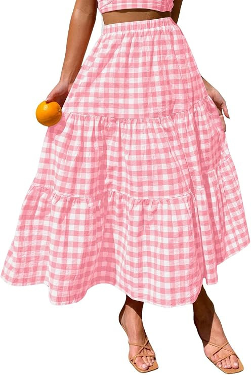 ebossy Women's Candy Color Slim Fit Elastic High Waist Plaid Gingham Tiered Flowy Boho Maxi Skirt... | Amazon (US)