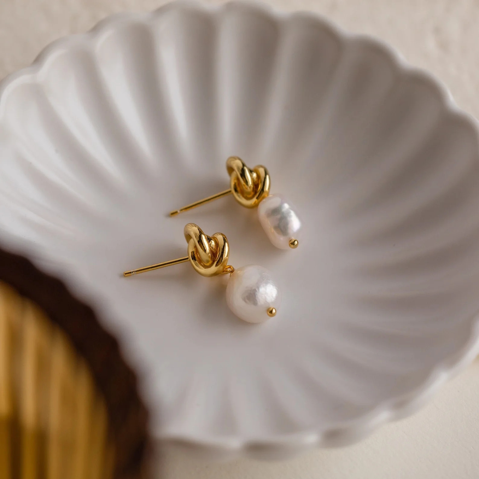 Celtic Knot Pearl Drop Stud Earrings in 18K Gold | Caitlyn Minimalist | Caitlyn Minimalist