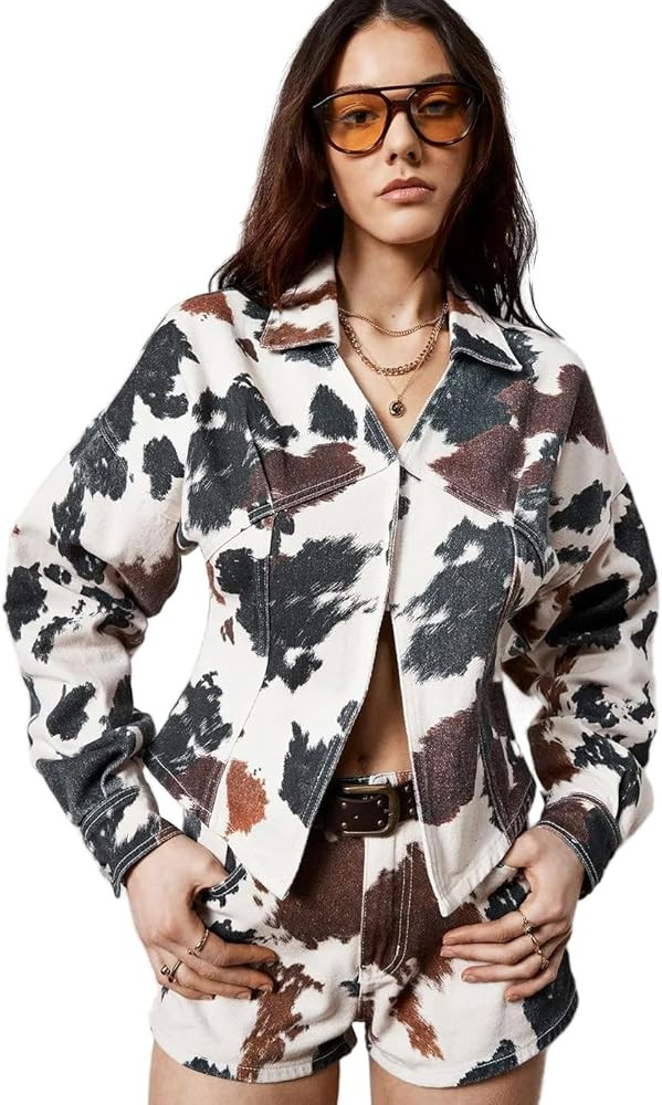 Nasty Gal Women's Cow Print Denim Corset Shirt | Amazon (US)