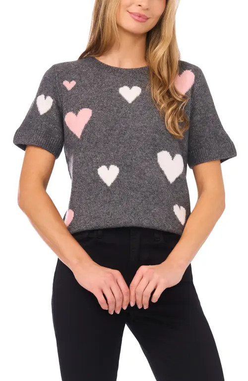 CeCe Heart Short Sleeve Crewneck Sweater in Heather Grey at Nordstrom, Size X-Large | Nordstrom