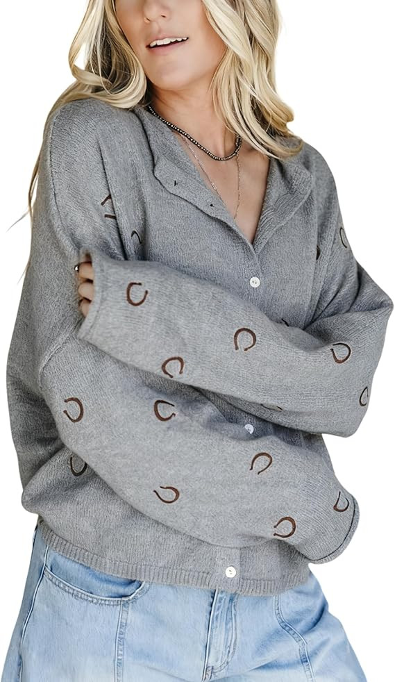 Hongsui Women's Casual Long Sleeve Cardigan Full Button Closure Horseshoe Embroidery Sweater Ribb... | Amazon (US)