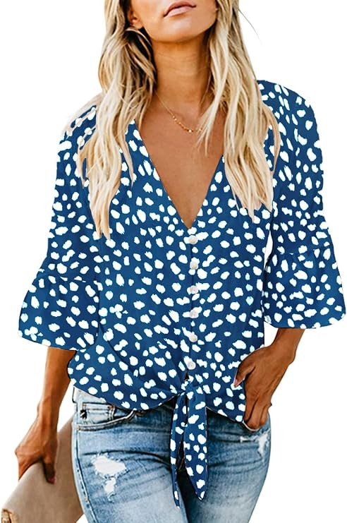 Kancystore Womens Button Down V Neck Tie Knot Front Tops 3/4 Sleeve Chiffon Casual Blouse Shirts | Amazon (US)