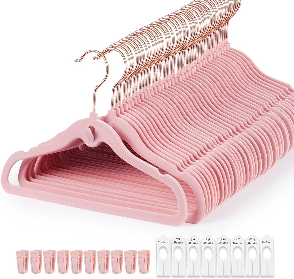 HOUÍSM Baby Hangers Pink Velvet, 60Pack Non-Slip Kids Clothes Hangers+ 10 Finger Clips + 8 Baby ... | Amazon (US)