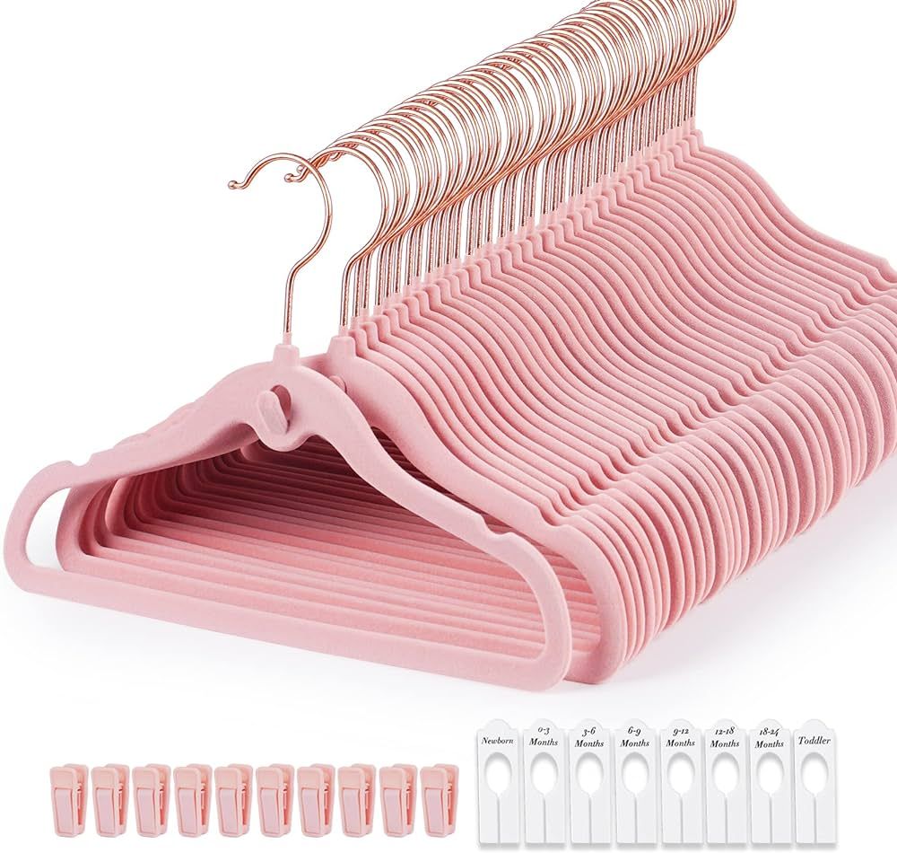 HOUÍSM Baby Hangers Pink Velvet, 60Pack Non-Slip Kids Clothes Hangers+ 10 Finger Clips + 8 Baby ... | Amazon (US)