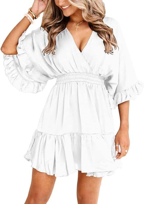 Aoysky Womens V Neck Casual Dresses Summer Loose High Waist Ruffle Pleated Cute Mini Short Dress | Amazon (US)