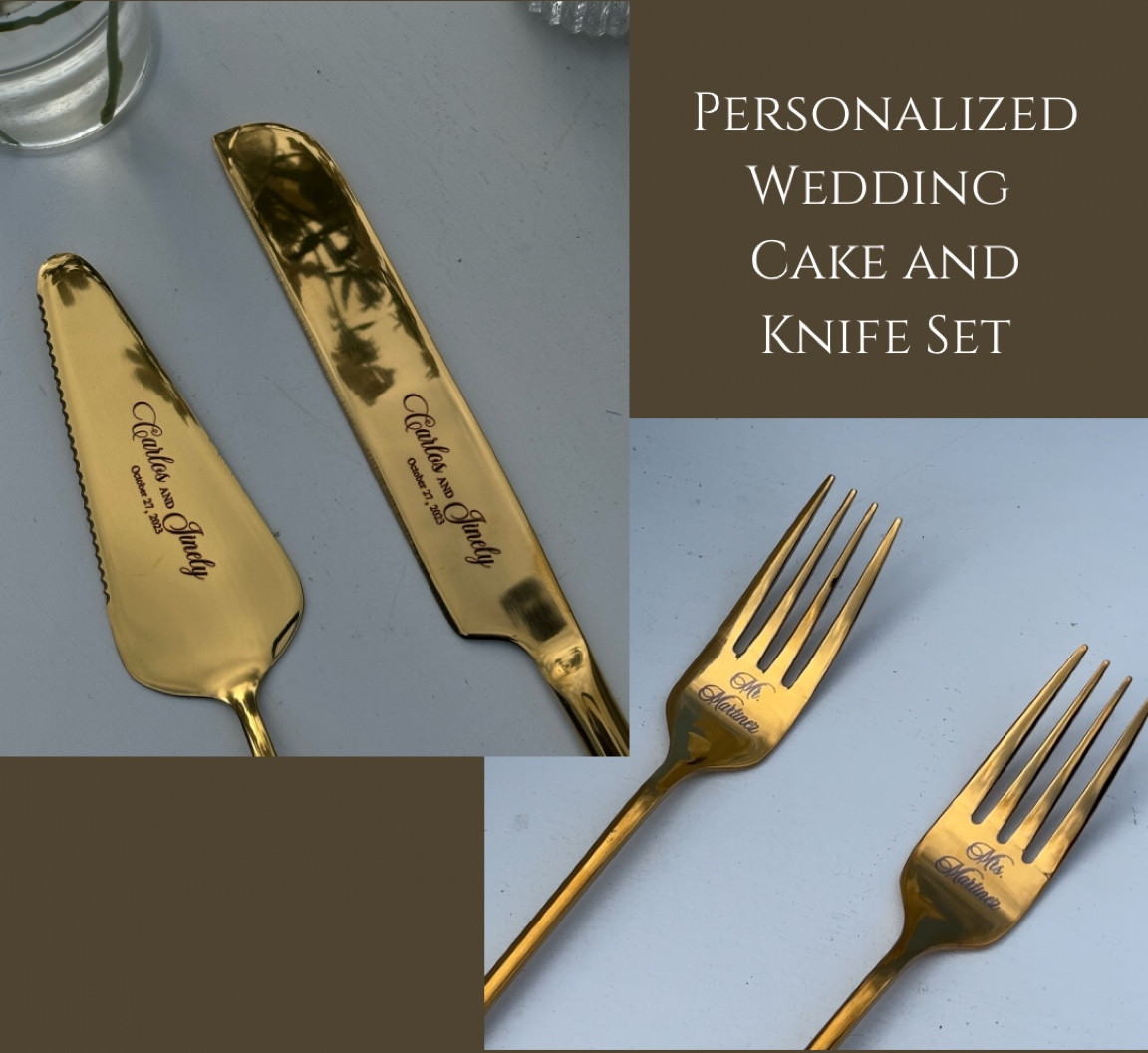 Our wedding cake and knife server set with personalized forks