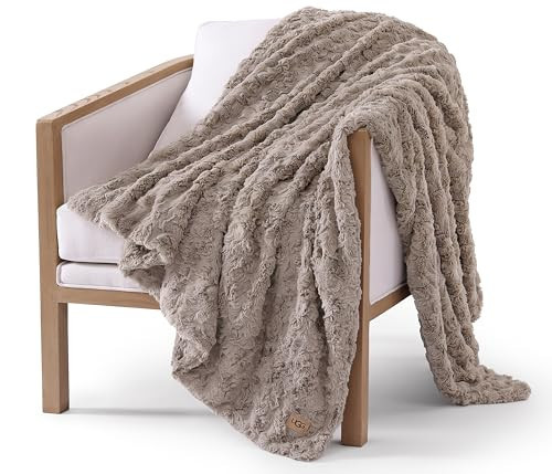 UGG Adalee Faux Fur Throw Blanket Luxury Lightweight Cozy Soft Throw for Couch Bed or Chair Hypoallergenic Machine Washable Double-Sided Fluffy Blanket Home Decor, 50-inch x 70-inch, Oyster Brown | Amazon (US)