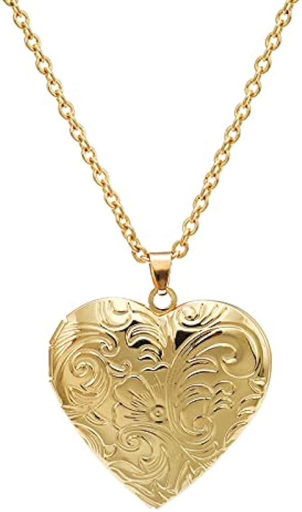 HMOOY Locket Necklace, Engraved Heart Shaped Locket Pendant Necklace That Holds Pictures Personal... | Amazon (US)