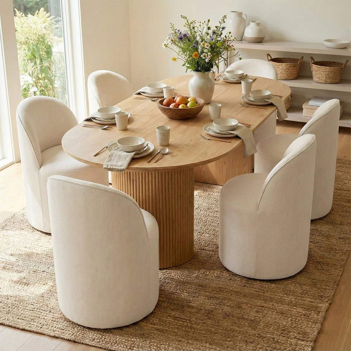 6 - Person Modern Organic Dining Table Sets With 79" Oval Dining Table & 6 Rolling Barrel Chair | Wayfair North America