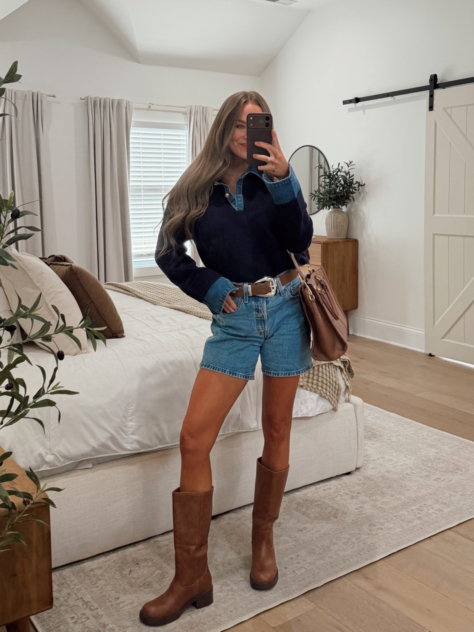 Amazon fall fashion early pre fall transitional denim on denim look brown boots cute effortless easy mom style date night preppy