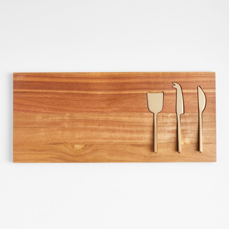 Octavia Small Acacia Wood Serving Board With Cheese Knives + Reviews | Crate & Barrel | Crate & Barrel