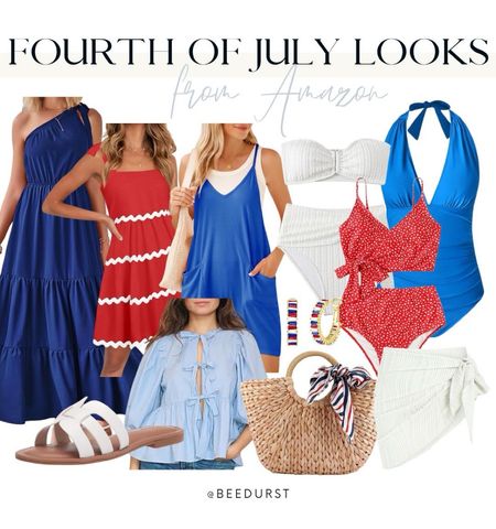 Fourth of July weekend outfits! Fourth of July looks from Amazon, 4th of July outfit, summer dress, Red White and Blue outfits, patriotic outfits, red swimsuit, white cover up, Fourth of July swimsuit, swimsuit coverup, summer outfit, Amazon swimsuits, sandals, vacation outfit, swimwear looks for vacation, resort wear, sunglasses, straw bags, affordable amazon vacation look, Miami outfit, summer beach vacation look, lake look, summer outfit

#LTKSwim #LTKFindsUnder50 #LTKSeasonal