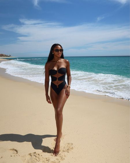 Black swimsuit, cut-out swimsuit, black one-piece swimsuit, Cabo swimsuit, wearing a medium, statement earrings, beach, Dior sunglasses 

#LTKfindsunder100 #LTKswim #LTKtravel