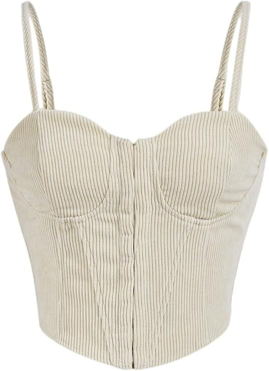 Floerns Women's Solid Corduroy Zip Front Bustier spaghetti Strap Corset Crop Top | Amazon (US)