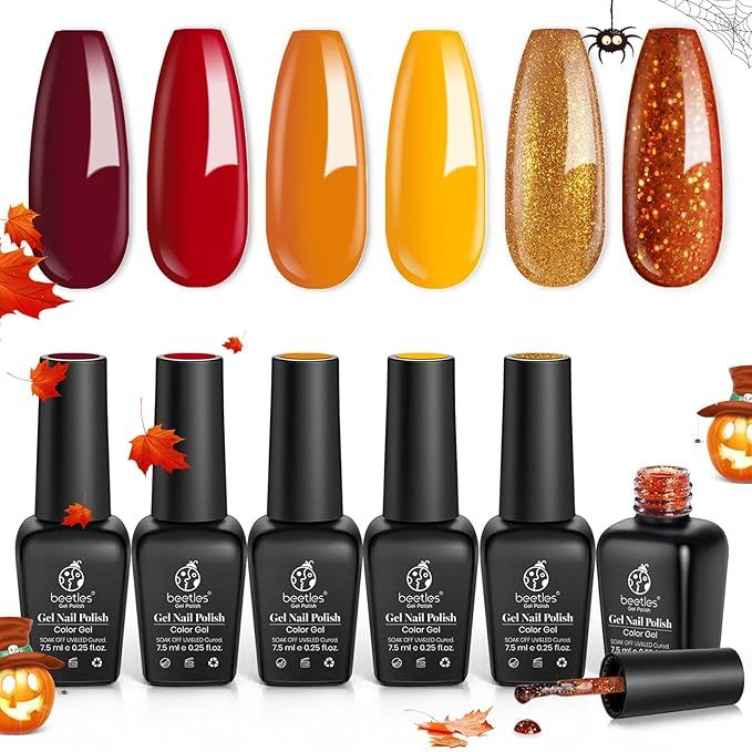 Beetles Gel Nail Polish Set, Red Orange Glitter Nail Gel Polish Fall Winter Gel Nail Kit Soak off... | Amazon (US)