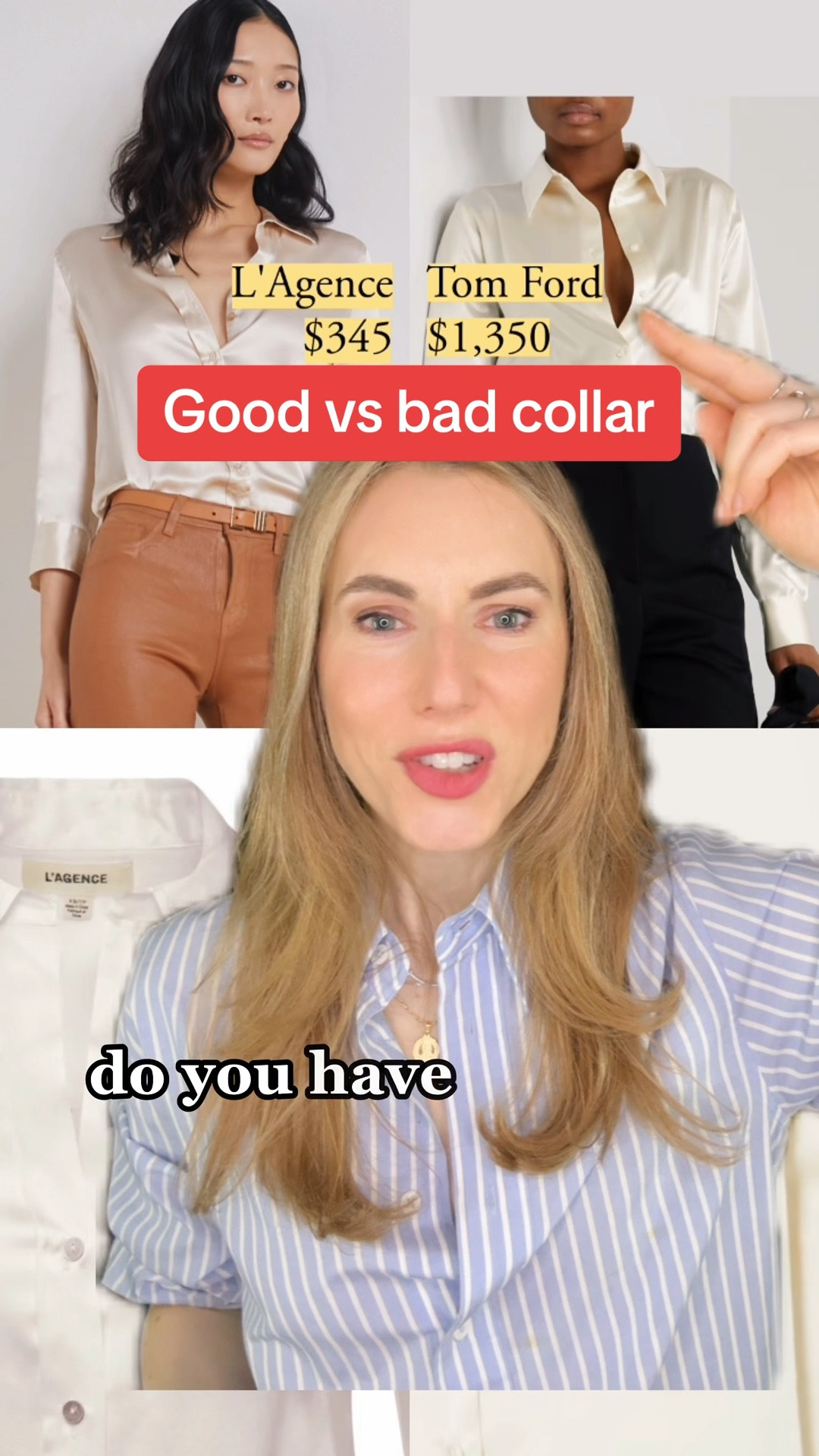 Do you need to spend over $1,000 for a shirt with a nice collar? What makes a good collar?

Let’s talk shape.

One approach is a formal, sculptural shape, like the one we see at Tom Ford and the one L’Agence attempts. Another approach is a more easy-going shape, like the one from Club Monaco.

What they have in common:
* Cohesive with the rest of the shirt: not dramatically more stiff than the body. Still feels supple like silk.
* Weight and presence: the collar glides down smoothly. Ideally, there’s a bit of a round shape to the crease; the Club Monaco collar does have a tiny bit of a roundness to the crease. The Tom Ford collar has a much more dimensional, sculptural shape, which makes the shirt more formal. 

#LTKstyletip #LTKVideo #LTKworkwear