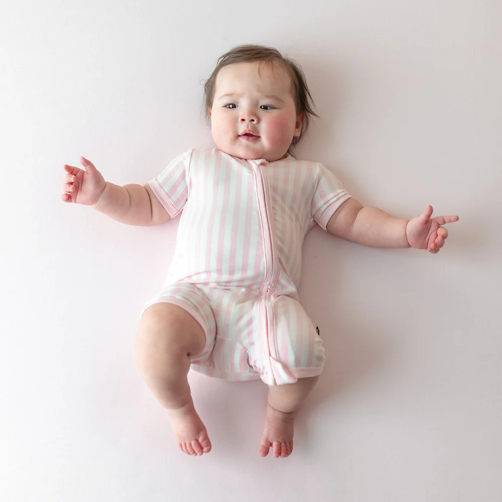 Zipper Shortall Romper in Small Sakura Stripe | Kyte Baby