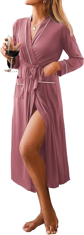 Ekouaer Women Kimono Robes Full Length Knit Bathrobe Lightweight Soft Sleepwear V-neck Casual Lad... | Amazon (US)