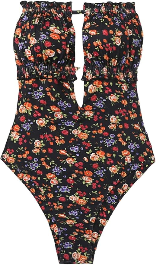 MakeMeChic Women's Strapless Bathing Suit Color Block Frill Trim Tie Back Bandeau One Piece Swims... | Amazon (US)