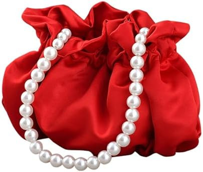 Small Wristlet Purses Mini Bucket Bag Women Hobo Bag with Faux Pearl Chain | Amazon (US)