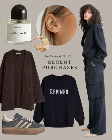 What I’ve bought recently!
-
1. The sweetest softest perfume and $25 off at Walmart!
2. The cutest ear cuff
3. Bezel set CZ studs
4. Dress cargo pants?? Yes pls!
5. The nicest lightweight oversized sweatshirt, perfect for travel!
6. Gazelle Bolds in the prettiest grey color way
7. The coziest softest and chicest cardigan around! Runs big so size down! 
-
Work from home outfit - work wear - work outfit - travel outfit - byredo - oak and fort - quince - adidas - affordable clothing - affordable outfit - sale outfit - winter sale - travel look

#LTKstyletip #LTKtravel #LTKfindsunder100