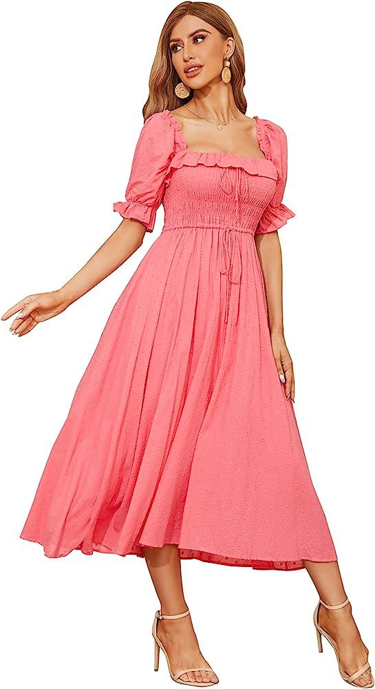 R.YIposha Women Vintage Elastic Square Neck Ruffled Half Sleeve Summer Backless Beach Flowy Maxi Dre | Amazon (US)