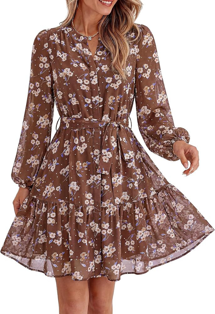BTFBM Womens Dresses Fall Chiffon Floral V Neck Long Sleeve Mini Dress | Amazon (US)