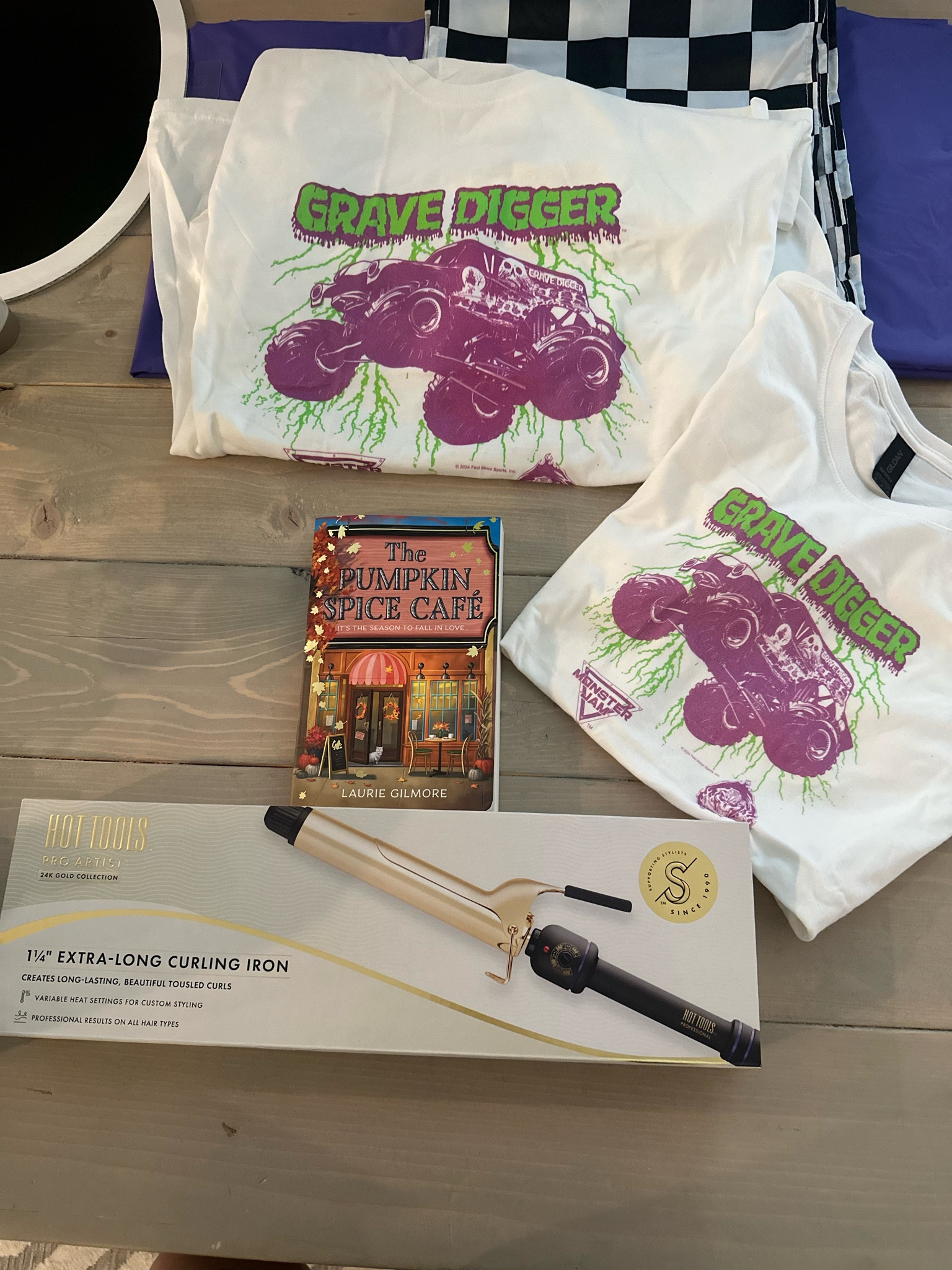 My recent Amazon order. Monster truck shirts for my son’s bday party, Pumpkin Spice Cafe book & a new curling iron! 🧡😍🎃

#LTKhome #LTKfamily #LTKfindsunder50