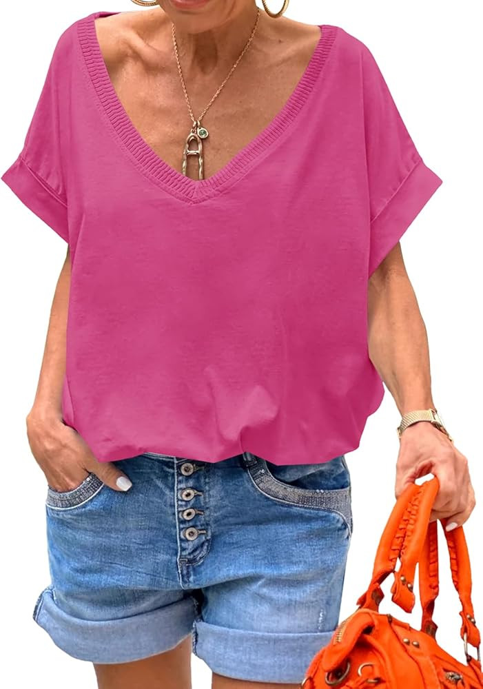 Tankaneo Womens Deep V Neck T-Shirts Oversized Casual Summer Loose Fit Short Sleeve Tops | Amazon (US)