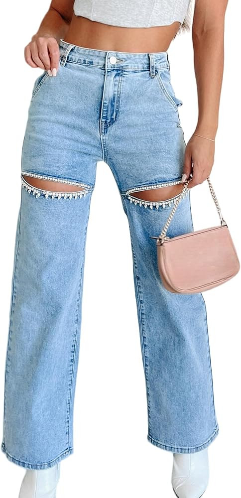 Kedera Women High Waist Denim Jeans Rhinestone Trim Bling Jeans Plus Size Denim Pants | Amazon (US)