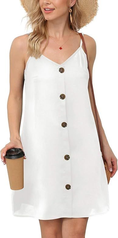 Women Summer Spaghetti Strap Button Down V Neck Sleeveless Casual Mini Dress | Amazon (US)
