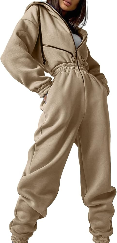 COZYPOIN Women Fleece Jumpsuits One Piece Outfits Hooded Sweatshirt Set High Waist Ladies Jumpsui... | Amazon (US)