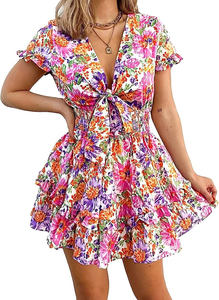 PRETTYGARDEN Women's 2023 Multi White Floral Dress Green Floral Dress Summer Dresses 2023 | Amazon (US)