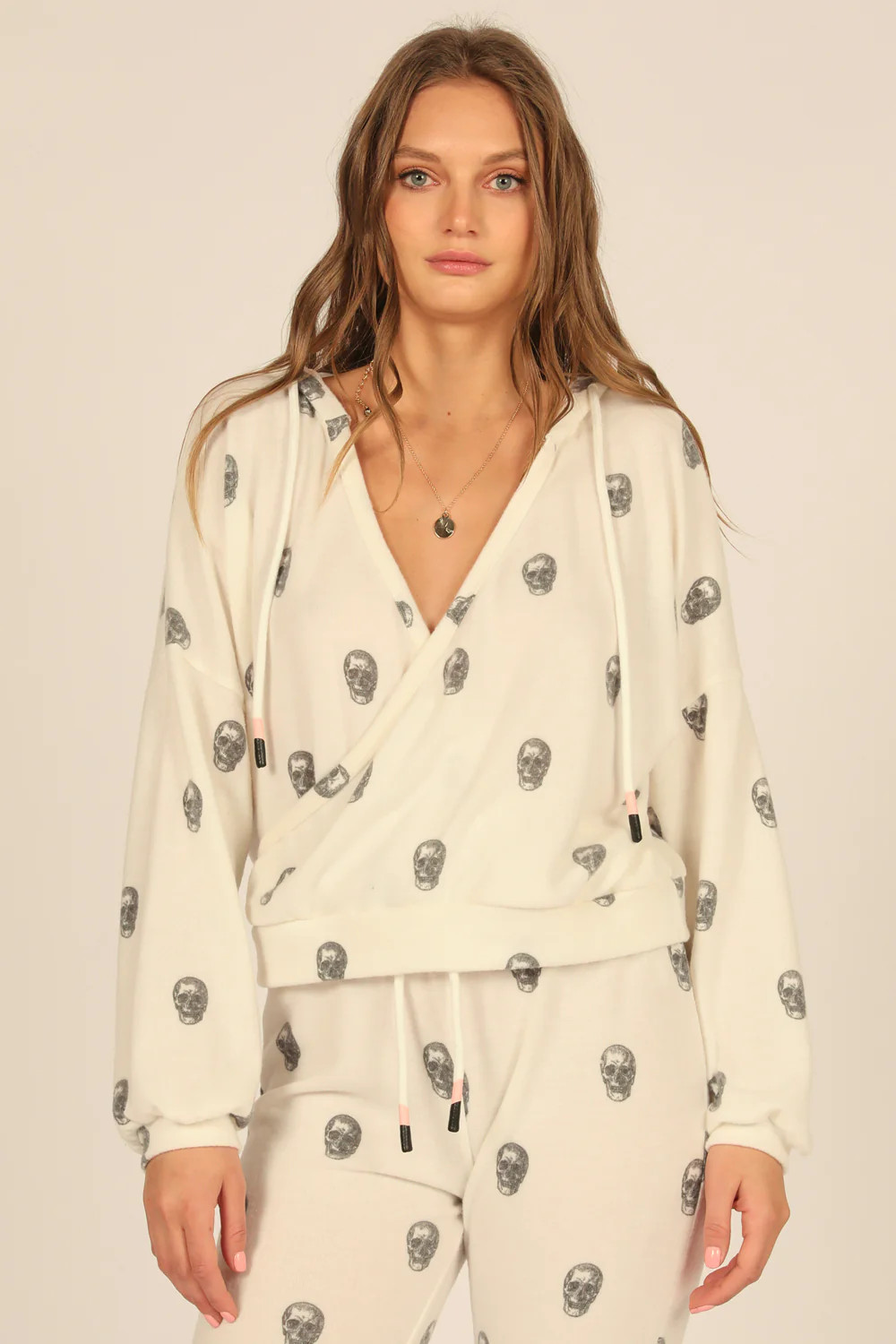 Skull Printed Surplice Hoodie | Vintage Havana