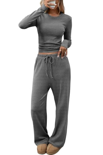 CHYRII Women's Fall Tops Wide Leg Pants Stripes 2 Piece Lounge Set Fall Outfits Tracksuit Sets Black L | Amazon (US)