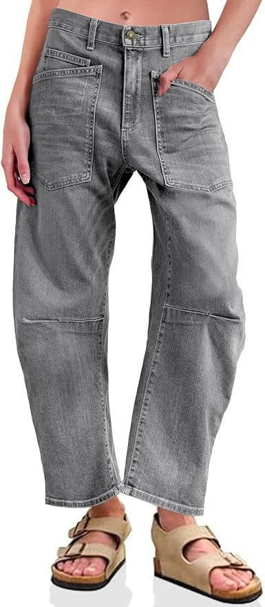 PLNOTME Womens Baggy Barrel Horseshoe Jeans High Waisted Wide Leg Vintage Denim Pants with Front ... | Amazon (US)