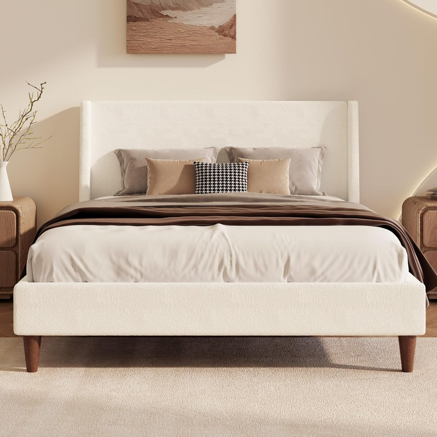 Merax Boucle Queen Size Bed Frame with Wingback Headboard, Solid Wood Upholstered Platform with Walnut Wooden Legs, No Box Spring Needed, White | Amazon (US)