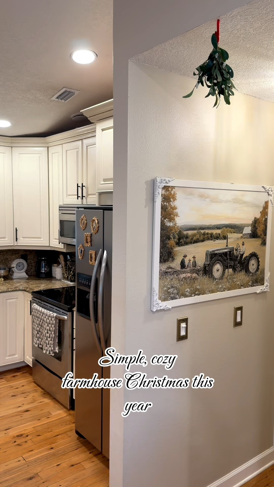 A simple and cozy farmhouse Christmas this year! I linked our brass/gold outlet and light switch covers, antique styled black kitchen sink faucet, gold picture frame magnets for the refrigerator, affordable black farmhouse style light fixtures, round dining room table with a leaf extension and black dining chairs with it, the gold battery operated wall light fixture for over artwork or photos, vintage style Bluetooth radio, off white vintage style living room rug, foldable tv tray tables, barn door wall hanging decor, the neutral white and beige baby pen and baby gate that can be changed to any shape you want, hanging mistletoe, the Christmas throw pillow, the brass antique style Christmas countdown calendar, brass letters to Santa mailbox decor, the step 2 Christmas tree toy for toddlers, and the gray toddler foldable and convertible lounging couch/chair & travel bed as well! Almost all items are from Amazon and Target! Perfect for a toddler friendly Christmas decor set up ❤️

#LTKKids #LTKHome #LTKHoliday