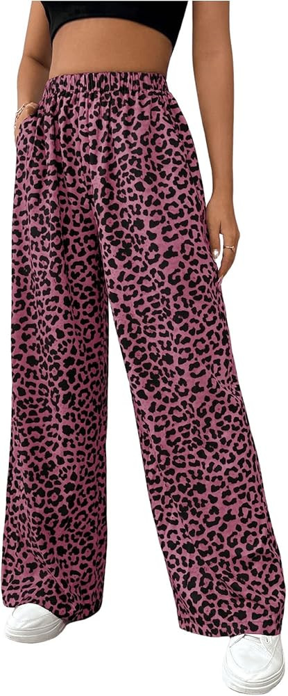 OYOANGLE Women's Leopard Print Elastic High Waist Long Pants Wide Leg Loose Trousers with Pockets | Amazon (US)