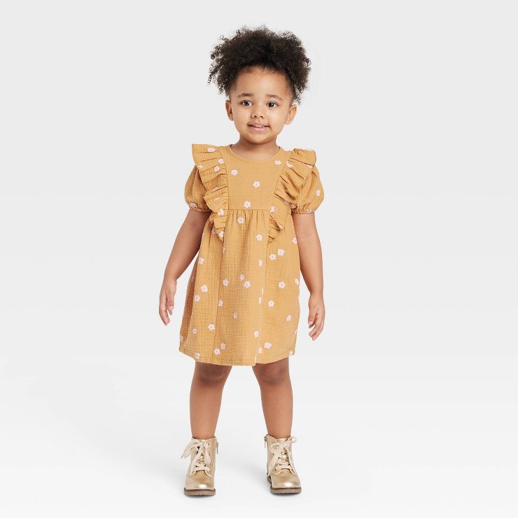 Grayson Collective Toddler Girls' Gauze Ruffle Floral Short Sleeve Dress - Mustard Yellow | Target