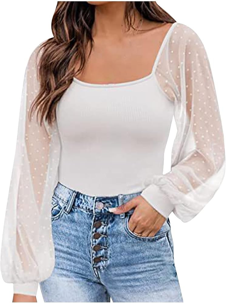 Lace Long Sleeve Tops for Women Sexy Square Neck Slim Fitted Fashion Teen Girls Y2k Going Out Top... | Amazon (US)