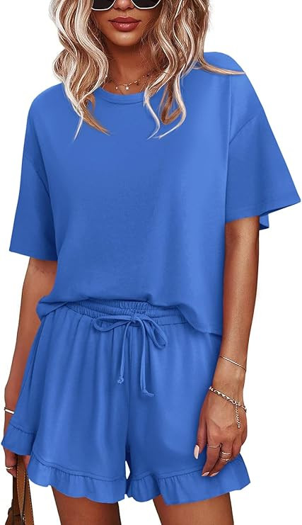 Tankaneo Womens Pajamas Set Lounge Sets Cropped Short Sleeve T Shirts Drawstring Ruffle Shorts So... | Amazon (US)