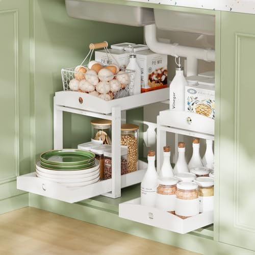 2 Pack Under Sink Organizer, Bamboo Wooden 2-Tier Pull-Out Storage with Sliding Drawers for Kitchen and Bathroom Cabinets, Easy Installation (White) | Amazon (US)