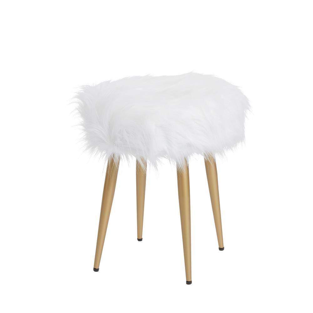 Silverwood Furniture Reimagined Marilyn Gold Round White Fur Vanity Stool | The Home Depot