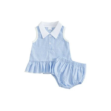 BemeyourBBs Newborn Baby Girls Summer Clothes Cute 2 Pieces Plaid Gingham Outfit Infant Collar Button Down Ruffle Tank Tops with Bubble Shorts Set | Walmart (US)