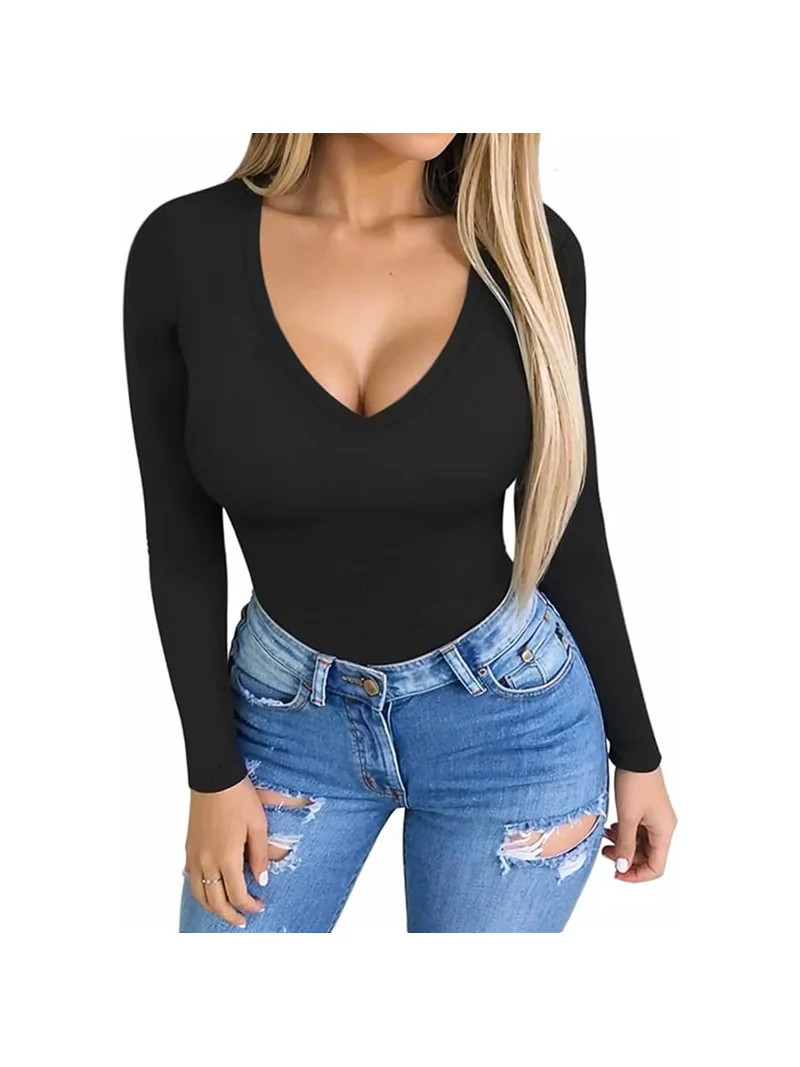 SOMER Body Suit Tummy Control Deep V Neck Long Sleeve Tops Black Bodysuit for Women Clothing | Walmart (US)